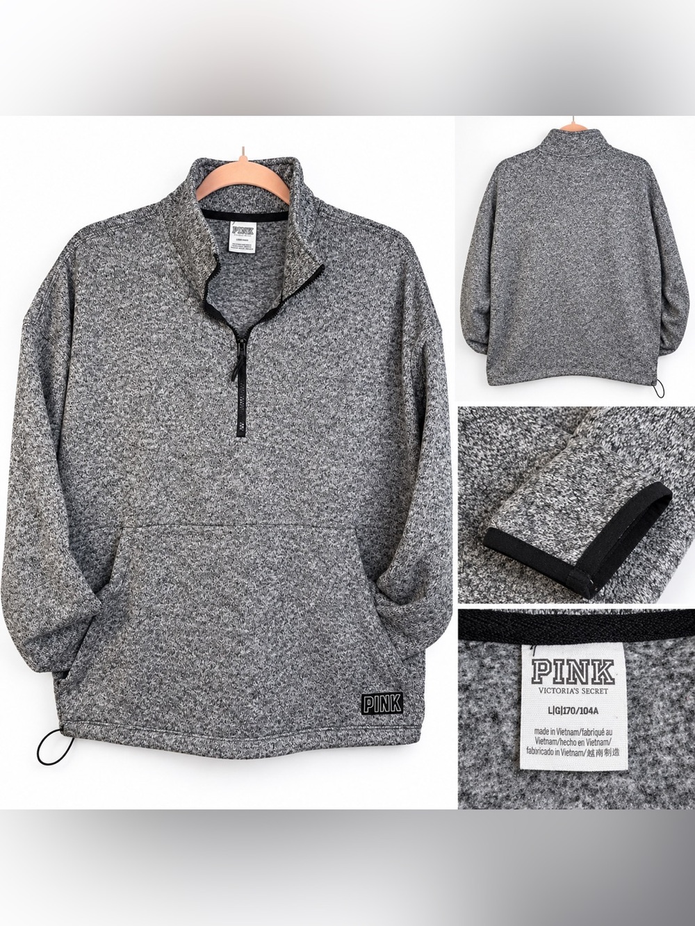 Victoria’s Secret PINK Gray Marled Knit Quarter-Zip Pullover Size Large.